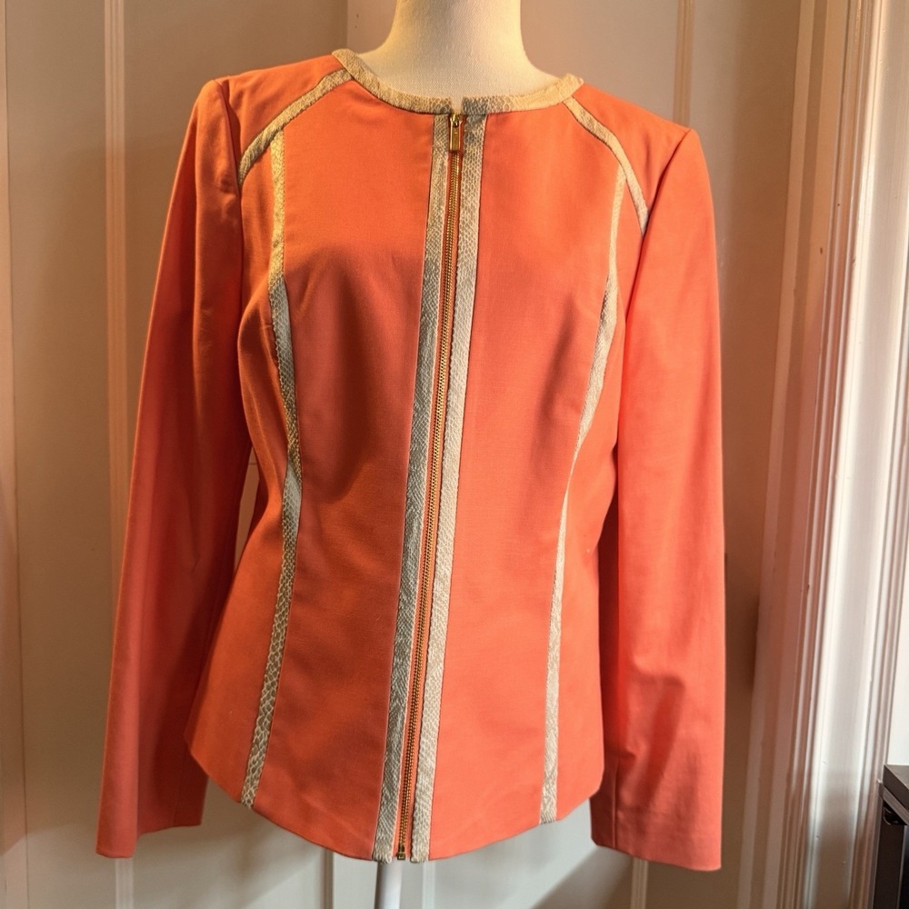 Calvin Klein Womens 10 Zip Front Jacket NWT Coral Blazer Snakeskin Print Trim